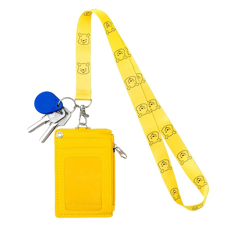 2-Sided 5 Card Slots Zippered Pocket Keychain Lanyard Cartoon Poohh Bear PU Wallet ID Card Badge Holder Leather