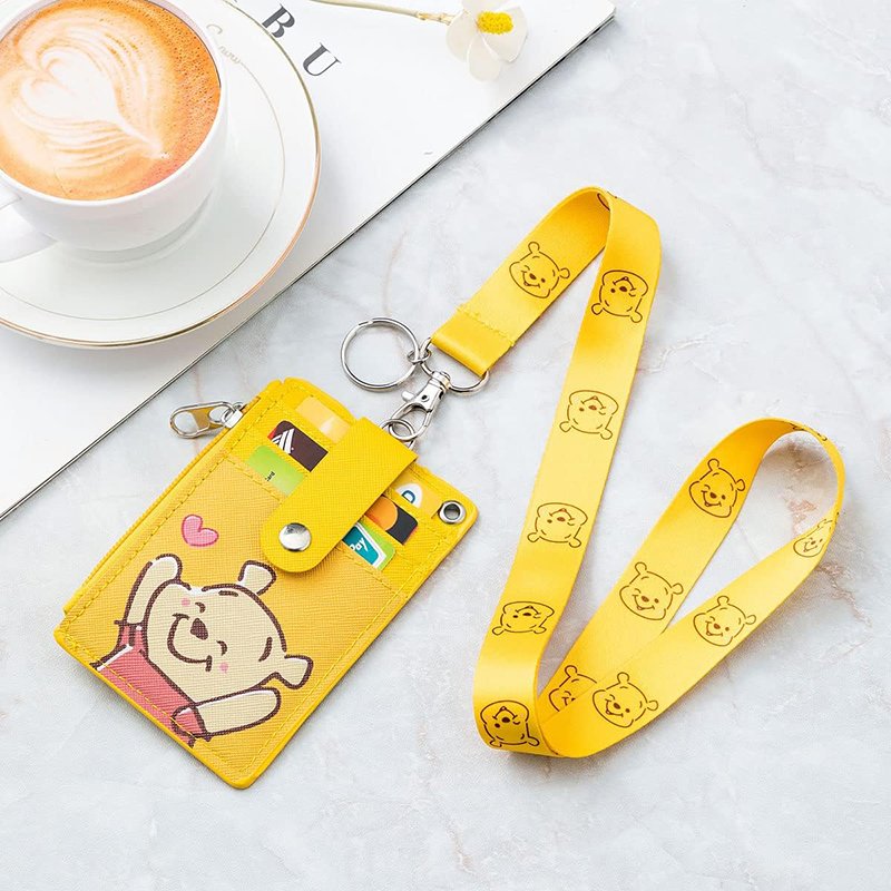 2-Sided 5 Card Slots Zippered Pocket Keychain Lanyard Cartoon Poohh Bear PU Wallet ID Card Badge Holder Leather