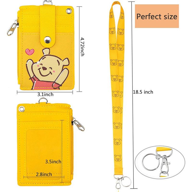 2-Sided 5 Card Slots Zippered Pocket Keychain Lanyard Cartoon Poohh Bear PU Wallet ID Card Badge Holder Leather