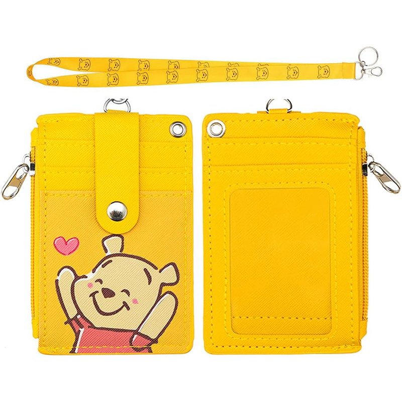 2-Sided 5 Card Slots Zippered Pocket Keychain Lanyard Cartoon Poohh Bear PU Wallet ID Card Badge Holder Leather