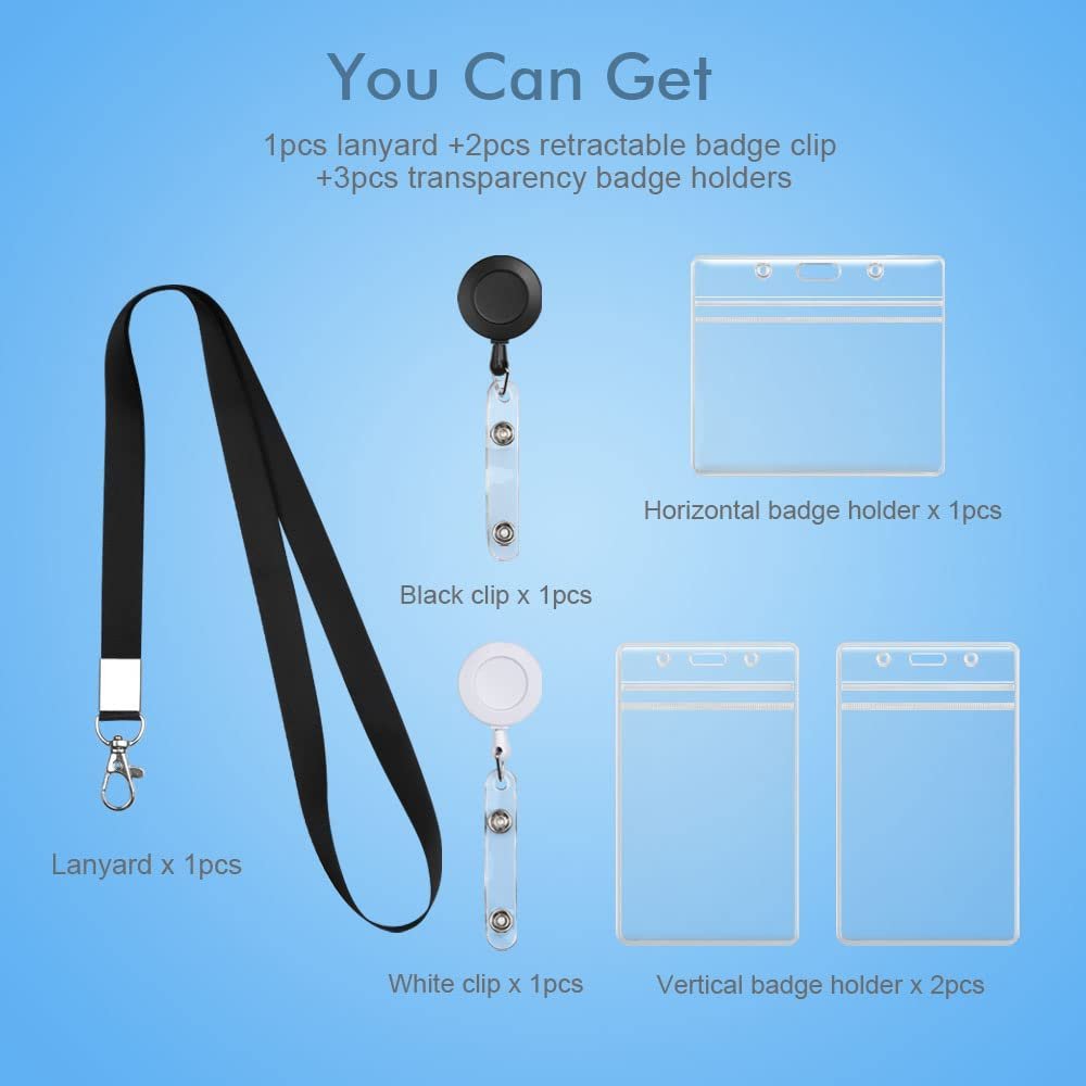 Badge Holders with Retractable Reel Clip, Black Lanyard and Waterproof Vertical & Horizontal ID Badge Holder