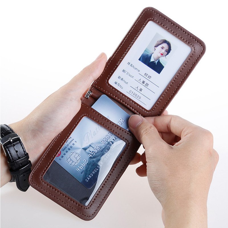 Genuine Leather ID Badge Holder With Retractable Lanyard Easy Swipe ID Holder for Work School ID Card
