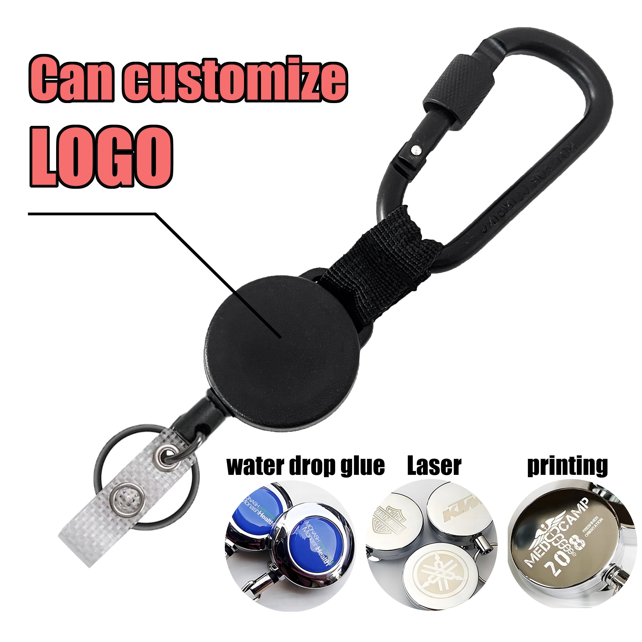 P-077 4CM Black Outdoor Retractable Badge Reel ID Holder Heavy Duty Keychain with Safety lock Carabiner