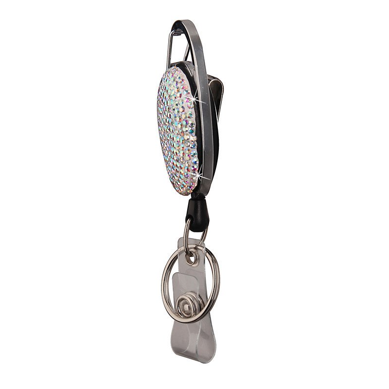 Retractable Badge Holder Bling Rhinestones Badge Reels ID Name Badge Reel with Belt Clip and Key Ring