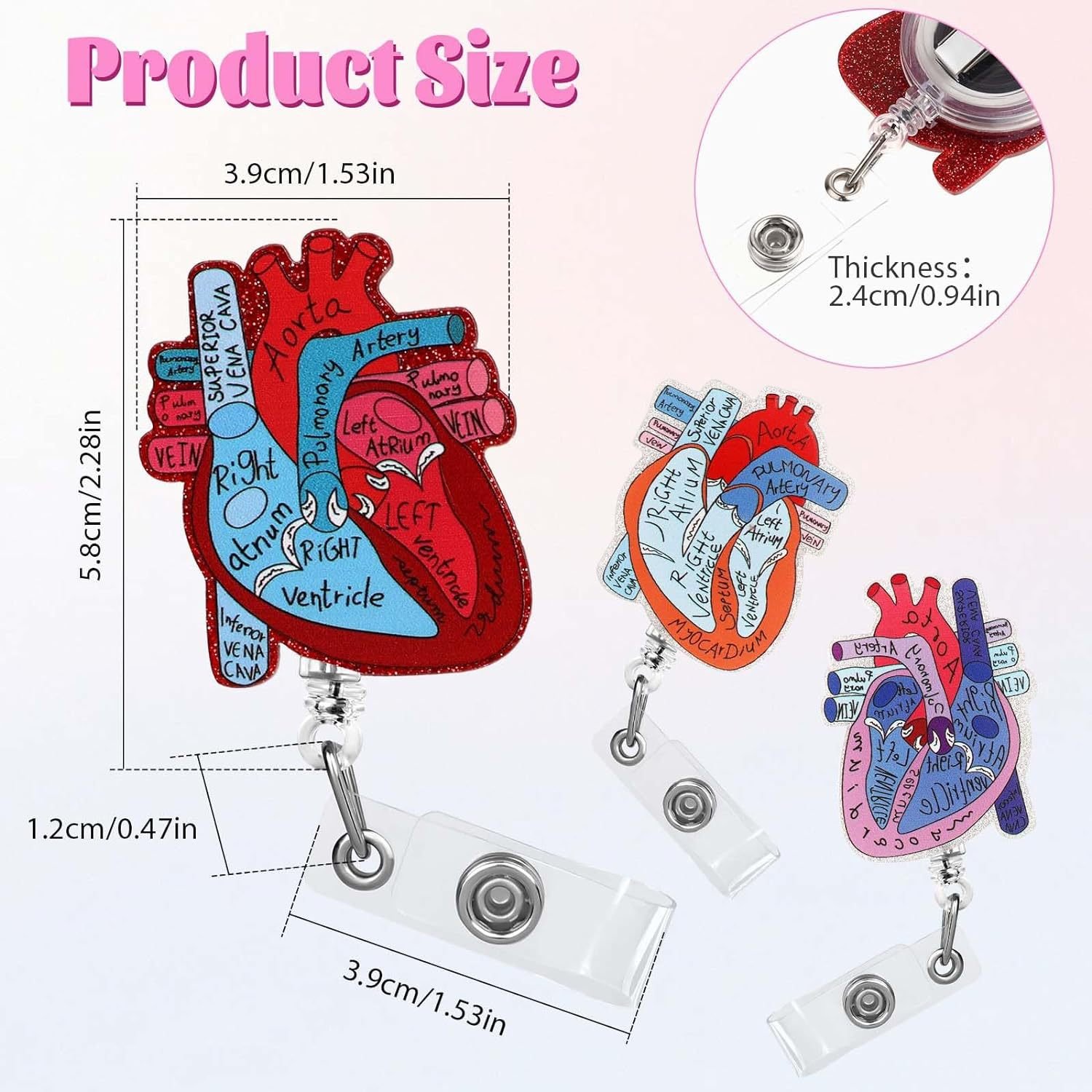 Custom Medical Series Heart Glitter Acrylic Nurse Doctor Badge Reel Heart Id Card Holder Badge Reel For Nurse