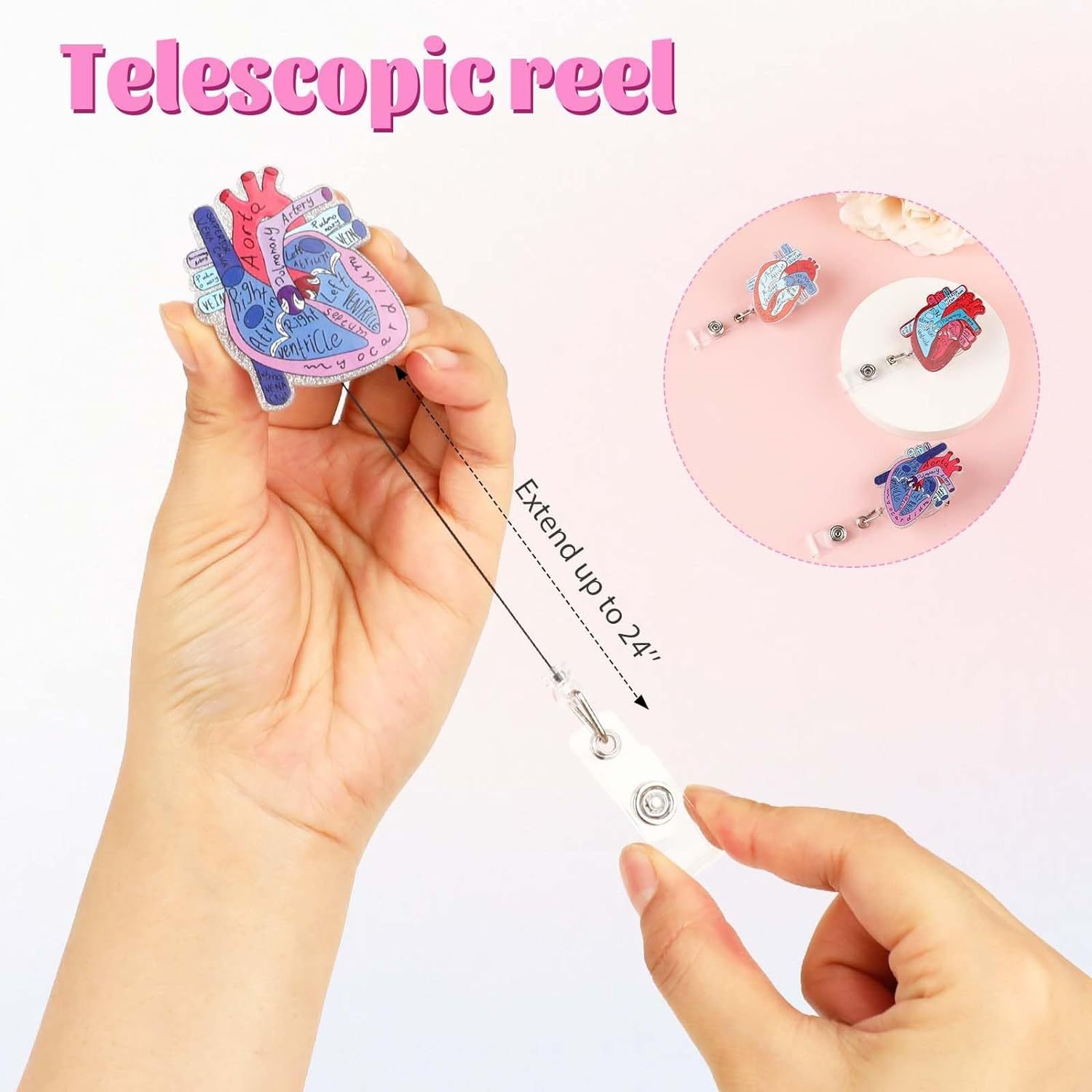 Custom Medical Series Heart Glitter Acrylic Nurse Doctor Badge Reel Heart Id Card Holder Badge Reel For Nurse