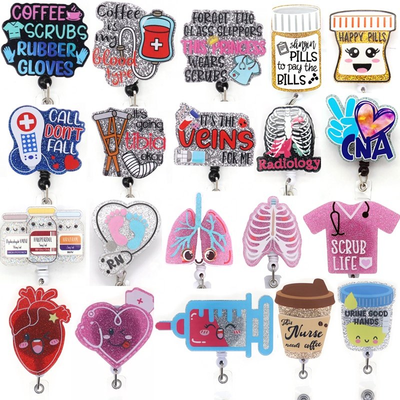 Glitter Acrylic Plastic Nurse Accessories Badge Holder Medical Scrub Office Decoration Coffee Name Badge Card With Clip
