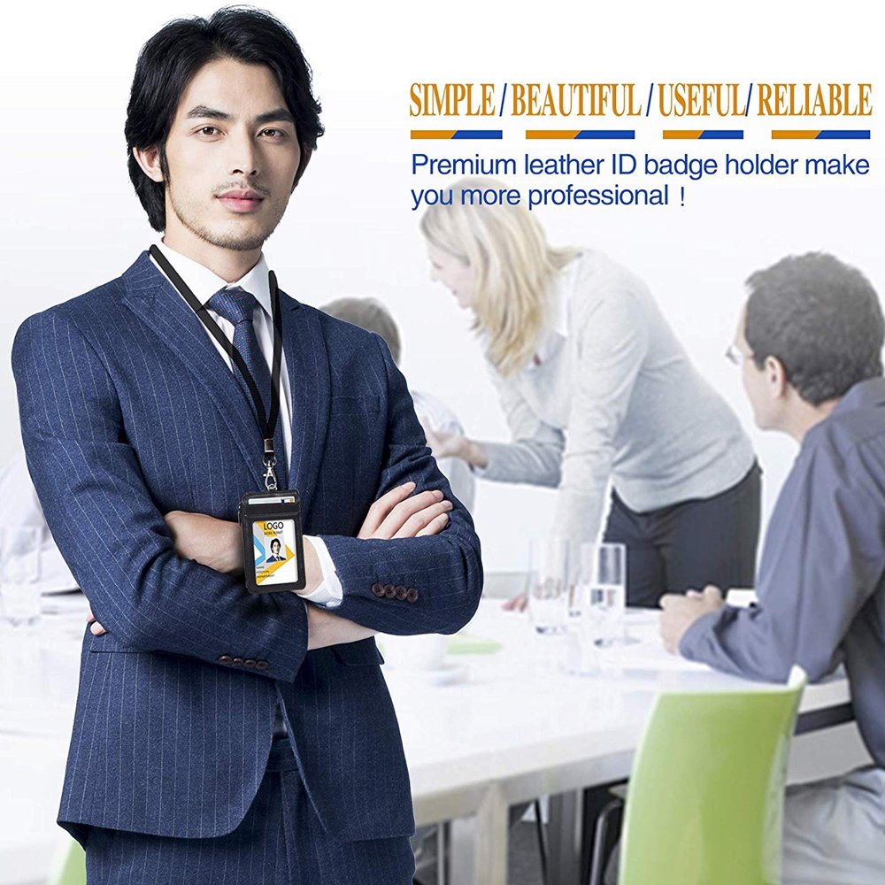 Office Work Card Holder Custom PU Leather Lanyard Name ID Badge Holder