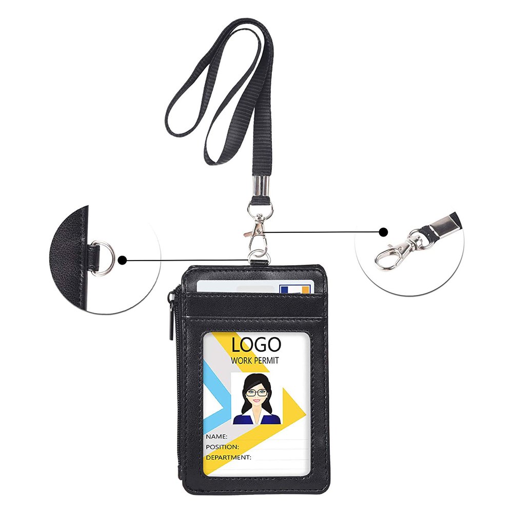 Office Work Card Holder Custom PU Leather Lanyard Name ID Badge Holder