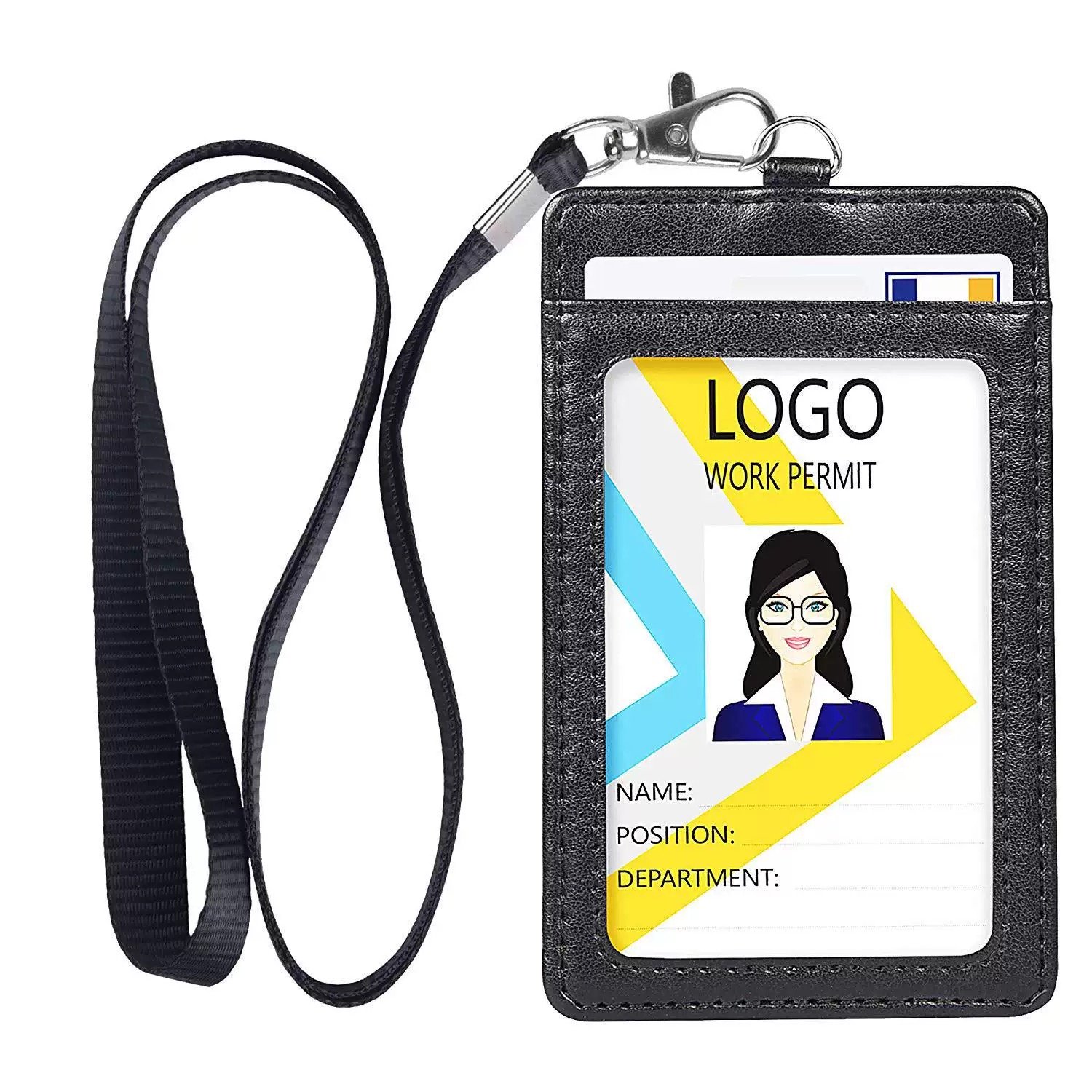 Good quality custom detachable neck strap holder vertical double PU leather ID holder badge holder