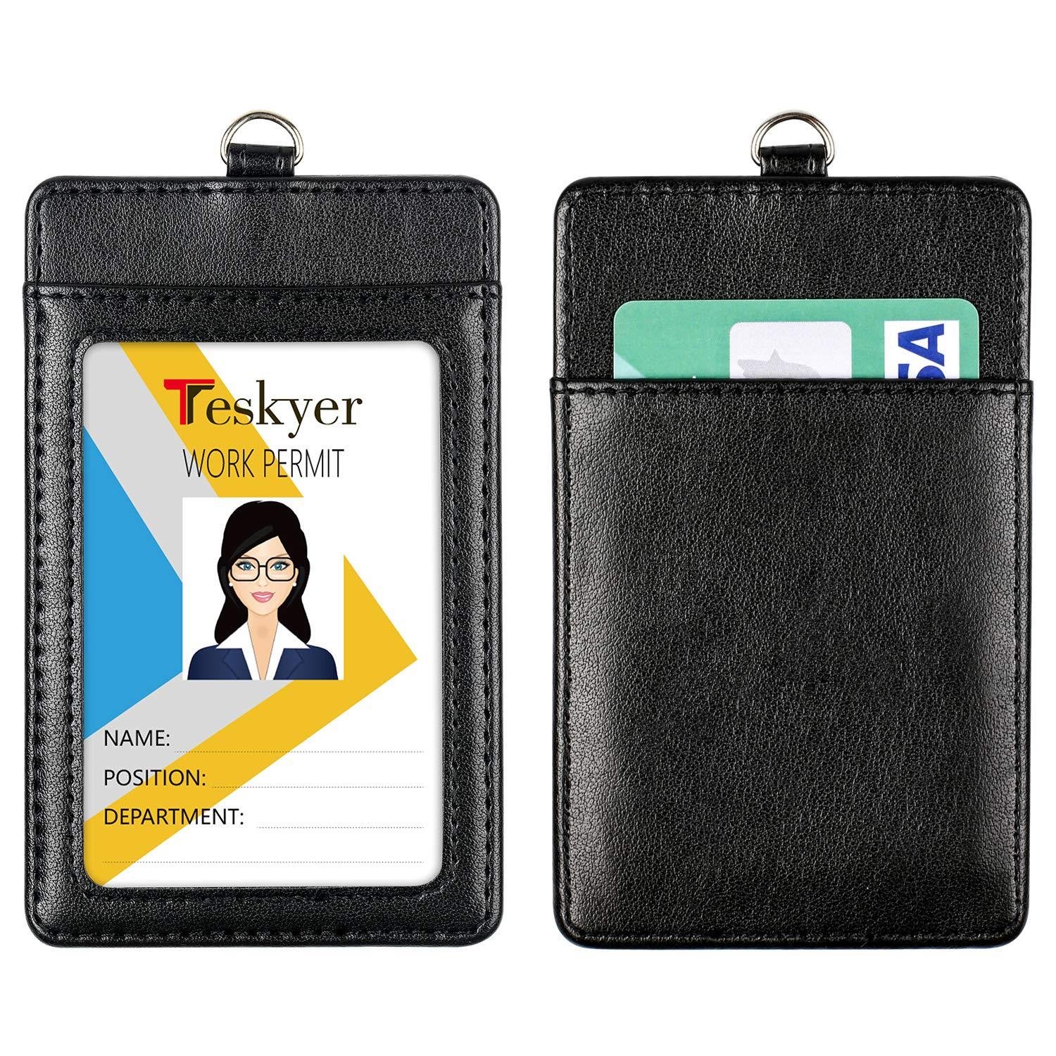 Good quality custom detachable neck strap holder vertical double PU leather ID holder badge holder