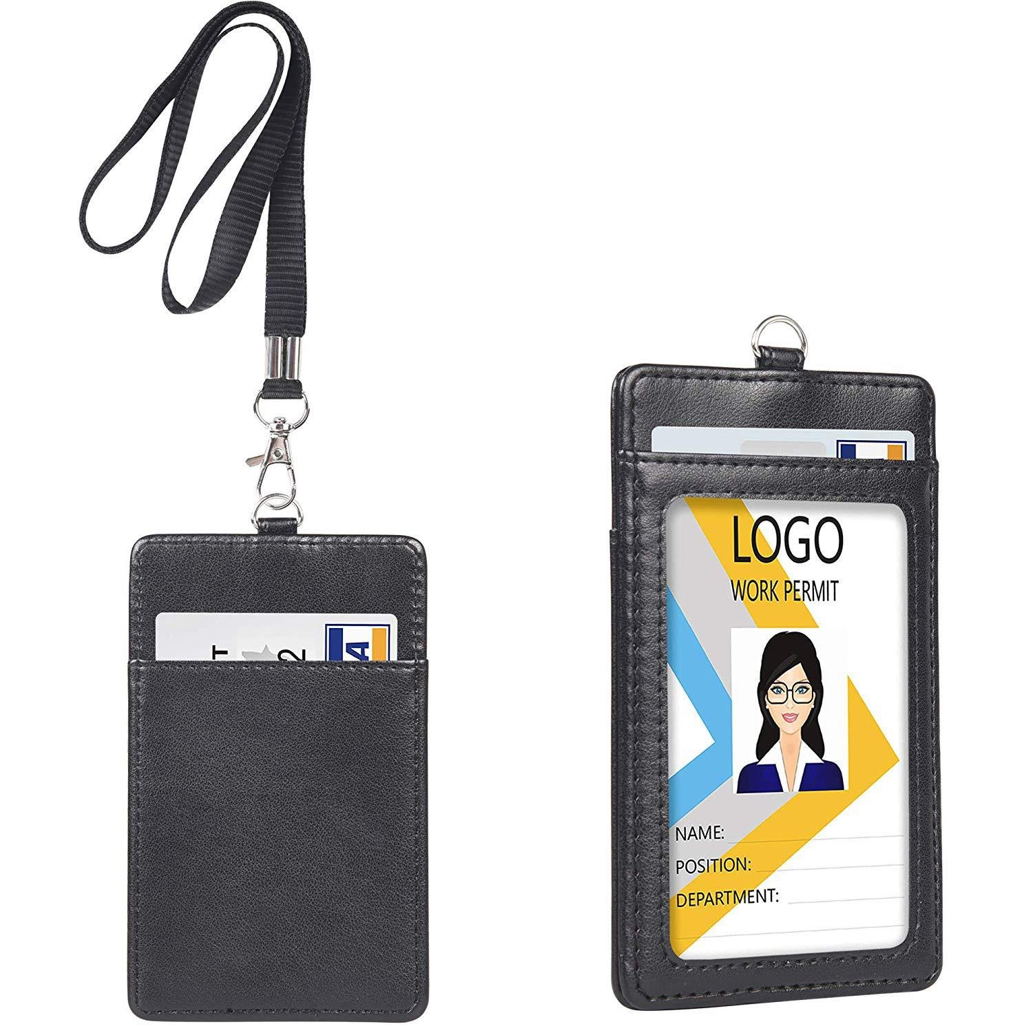 Good quality custom detachable neck strap holder vertical double PU leather ID holder badge holder