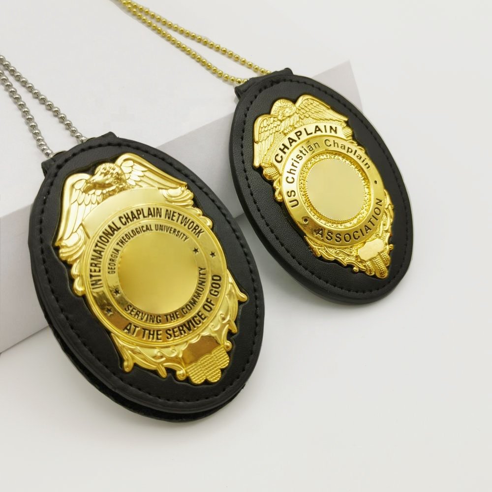 Factory Customized Logo 3D Engraving Enamel Gold Plated Metal Guard Security Badges With Leather Wallet Holder