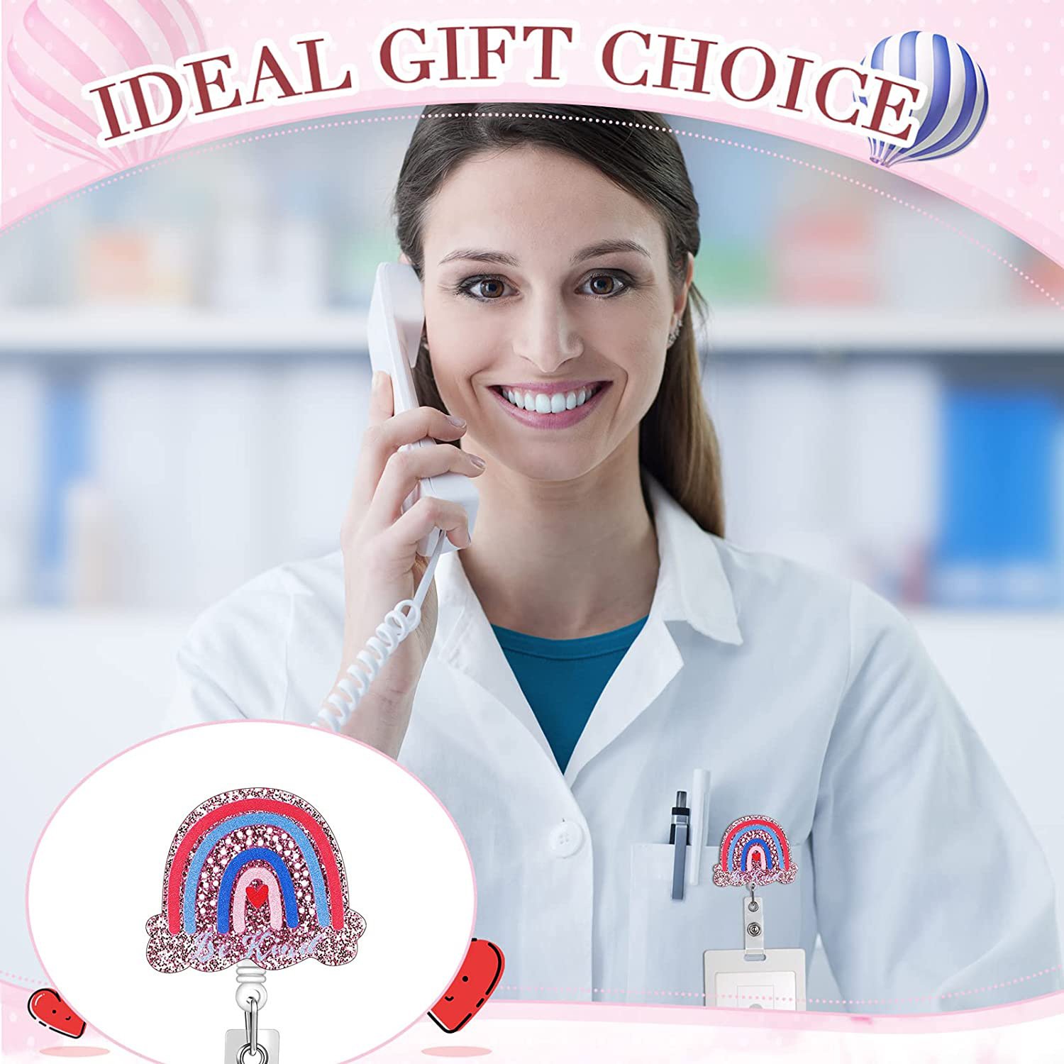 Wholesale Nurse badge holder reel with bling ID Lanyard Name Tag Card Custom logo Glitter Acrylic Retractable Badge Reel