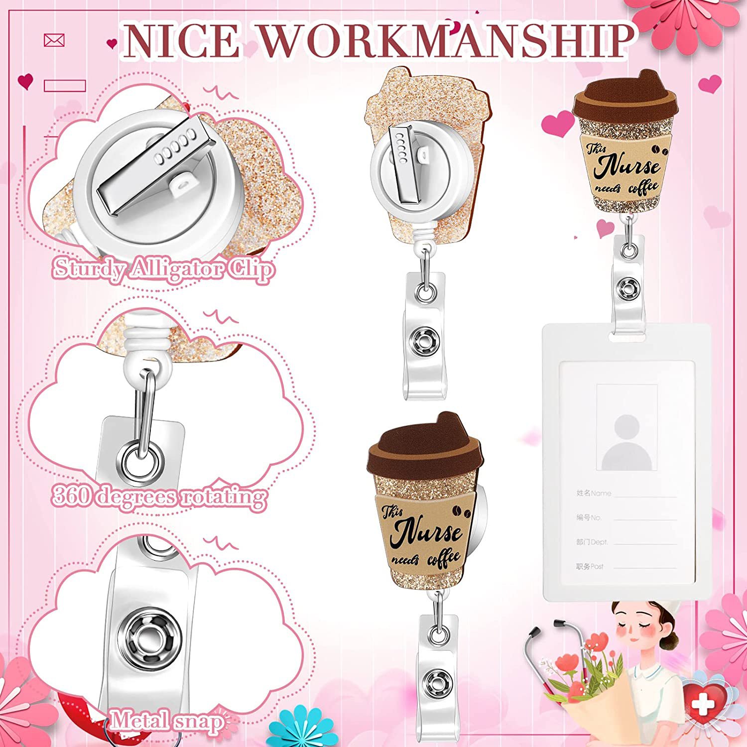 Wholesale Nurse badge holder reel with bling ID Lanyard Name Tag Card Custom logo Glitter Acrylic Retractable Badge Reel