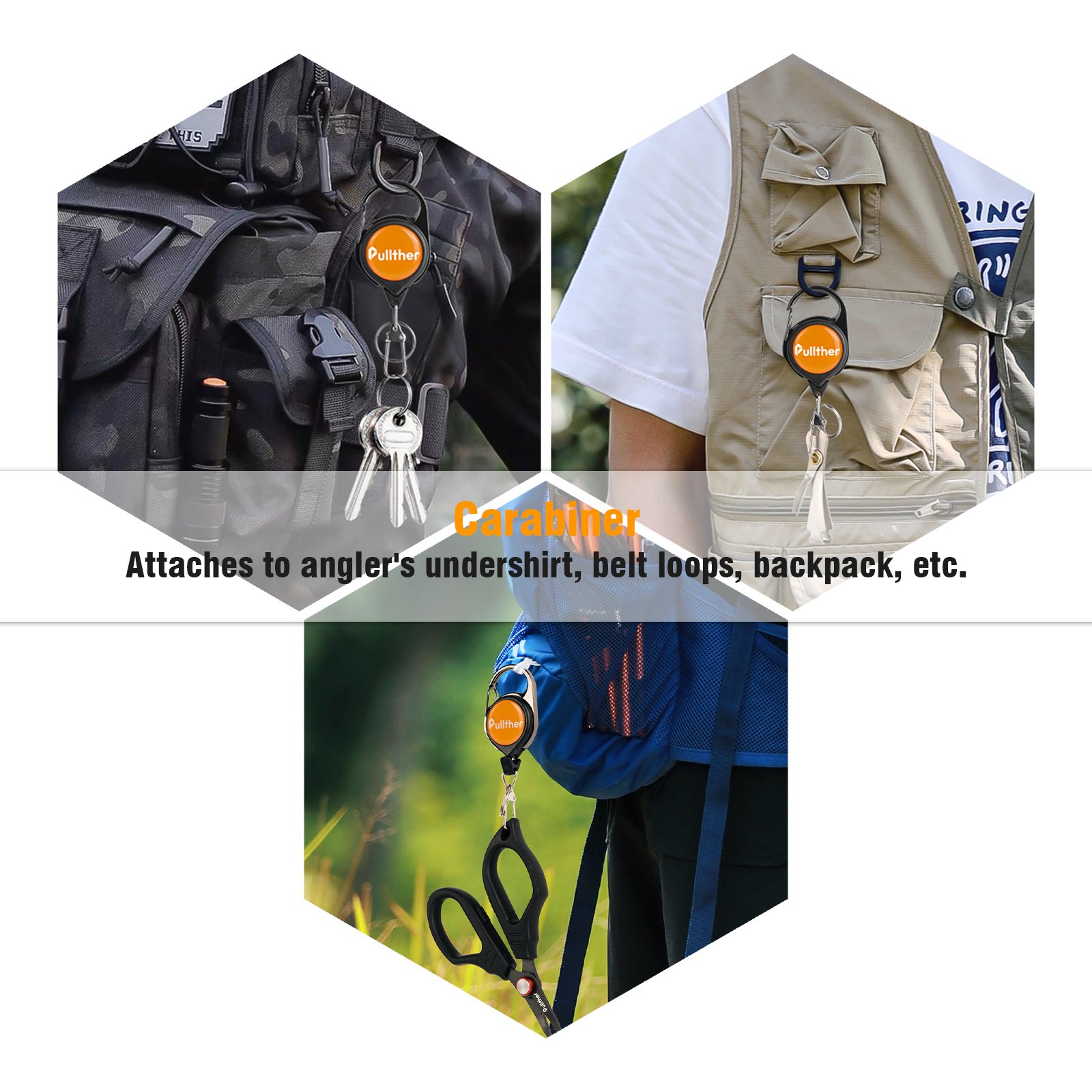 Pullther custom logo, expandable and quick release spring clip, fly fishing gear accessories, badge hanger