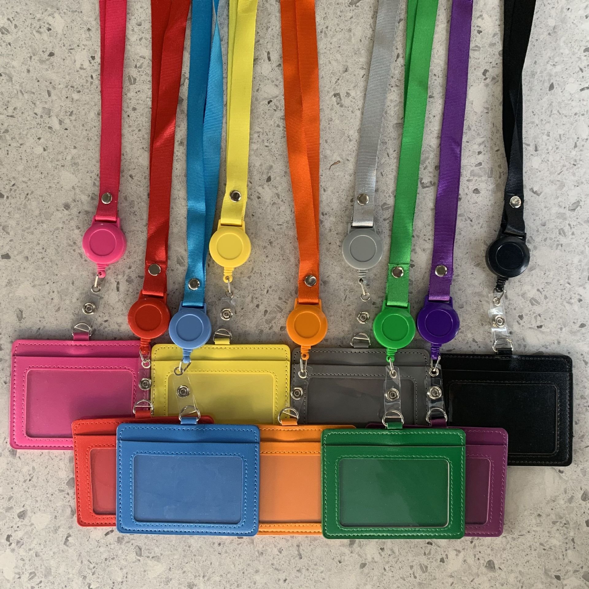Factory Wholesale Colorful PU Leather Card Holder Retractable Id Card Badge Reel Holder Lanyard with Neck Strap