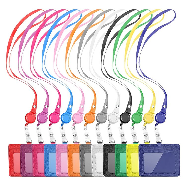 Factory Wholesale Colorful PU Leather Card Holder Retractable Id Card Badge Reel Holder Lanyard with Neck Strap
