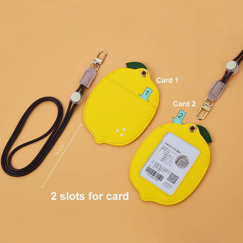 Custom Cute Fruits Vertical Style Durable PU Leather ID Card Holder Lanyard ID Badge Holder Leather