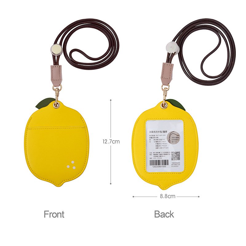 Custom Cute Fruits Vertical Style Durable PU Leather ID Card Holder Lanyard ID Badge Holder Leather