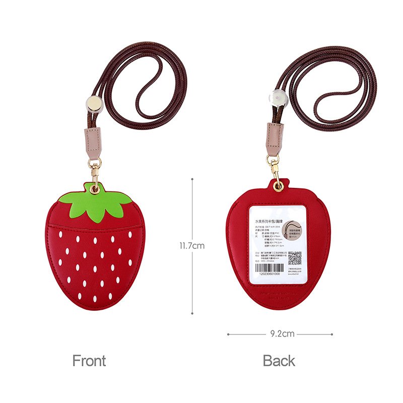 Custom Cute Fruits Vertical Style Durable PU Leather ID Card Holder Lanyard ID Badge Holder Leather