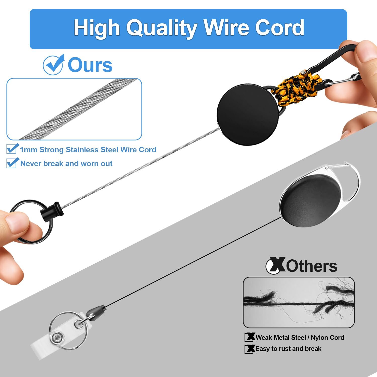 Retractable Keychain Heavy Carabiner Badge Holder Extendable Badge Reel ID Holder Key Ring with 60 cm Steel Retractable Cord