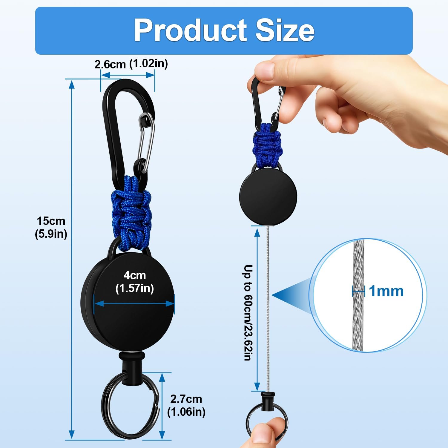 Retractable Keychain Heavy Carabiner Badge Holder Extendable Badge Reel ID Holder Key Ring with 60 cm Steel Retractable Cord