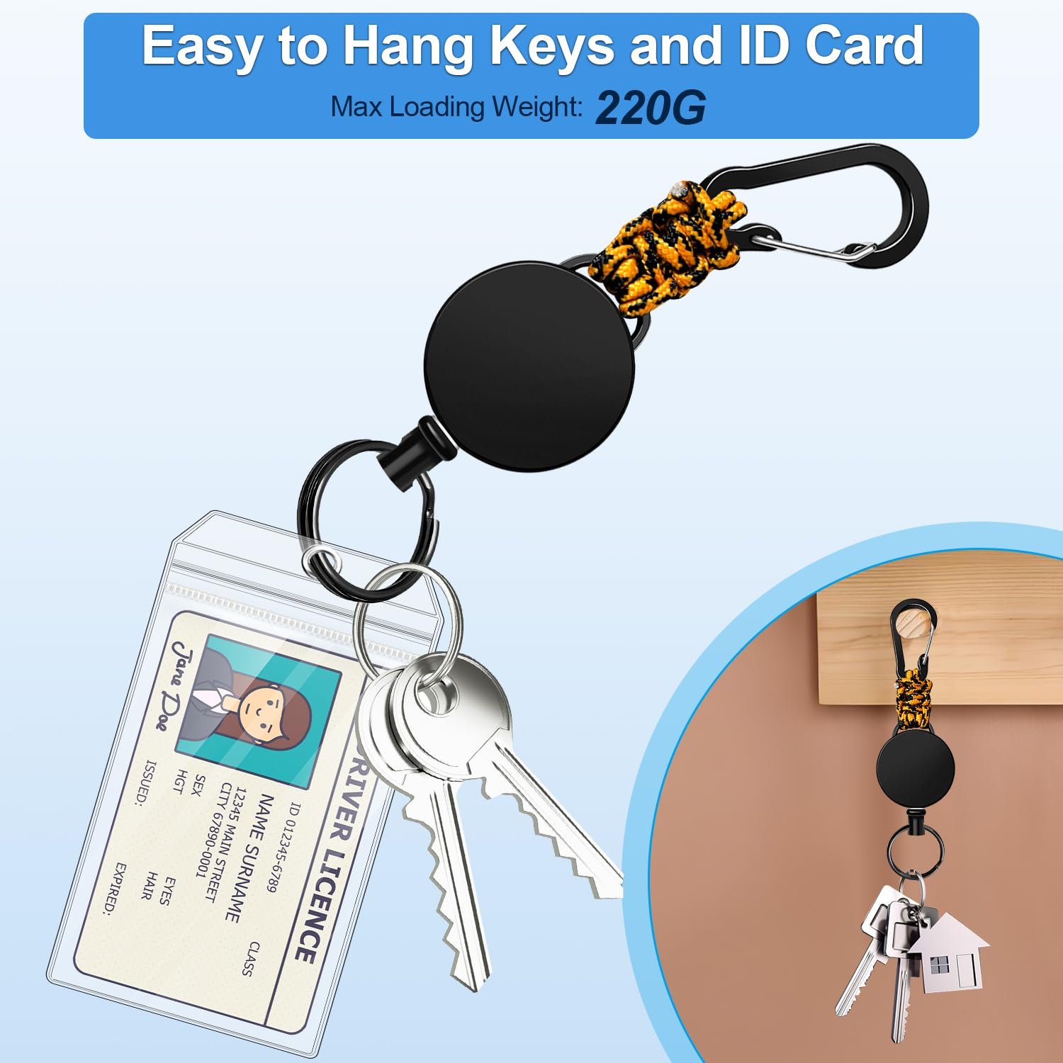 Retractable Keychain Heavy Carabiner Badge Holder Extendable Badge Reel ID Holder Key Ring with 60 cm Steel Retractable Cord