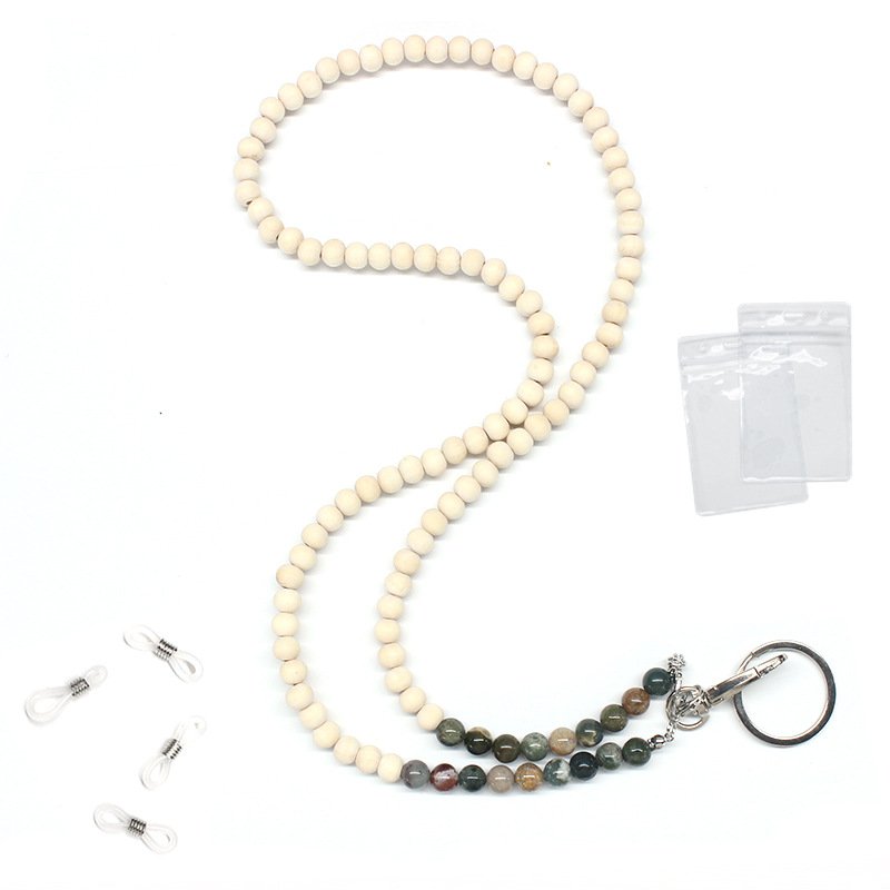 Hot New Women Rose Quartz Wooden Bead Lanyard Natural Stone with Badge ID Card Agate Certificate Key Work Other Type Lanyards