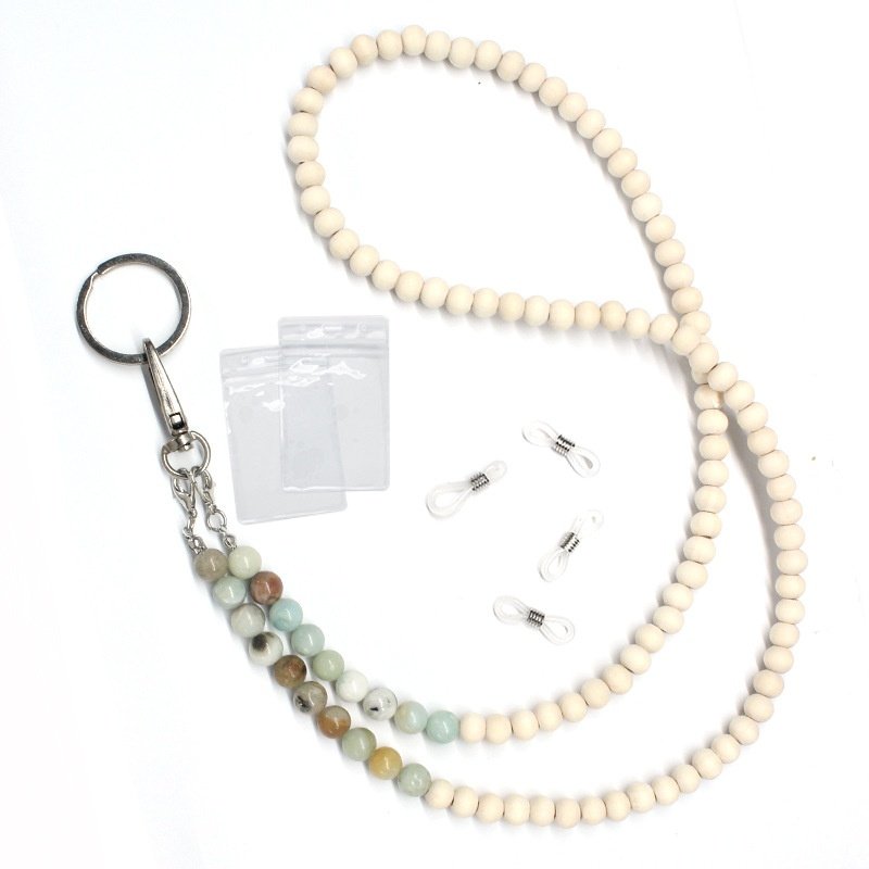 Hot New Women Rose Quartz Wooden Bead Lanyard Natural Stone with Badge ID Card Agate Certificate Key Work Other Type Lanyards