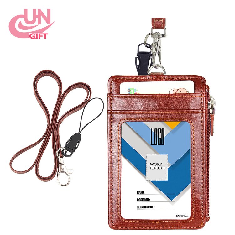 Multi-function Leather ID Badge Holder with Window ,Card Slots,Zipper Pocket Brown Neck Lanyard with logo