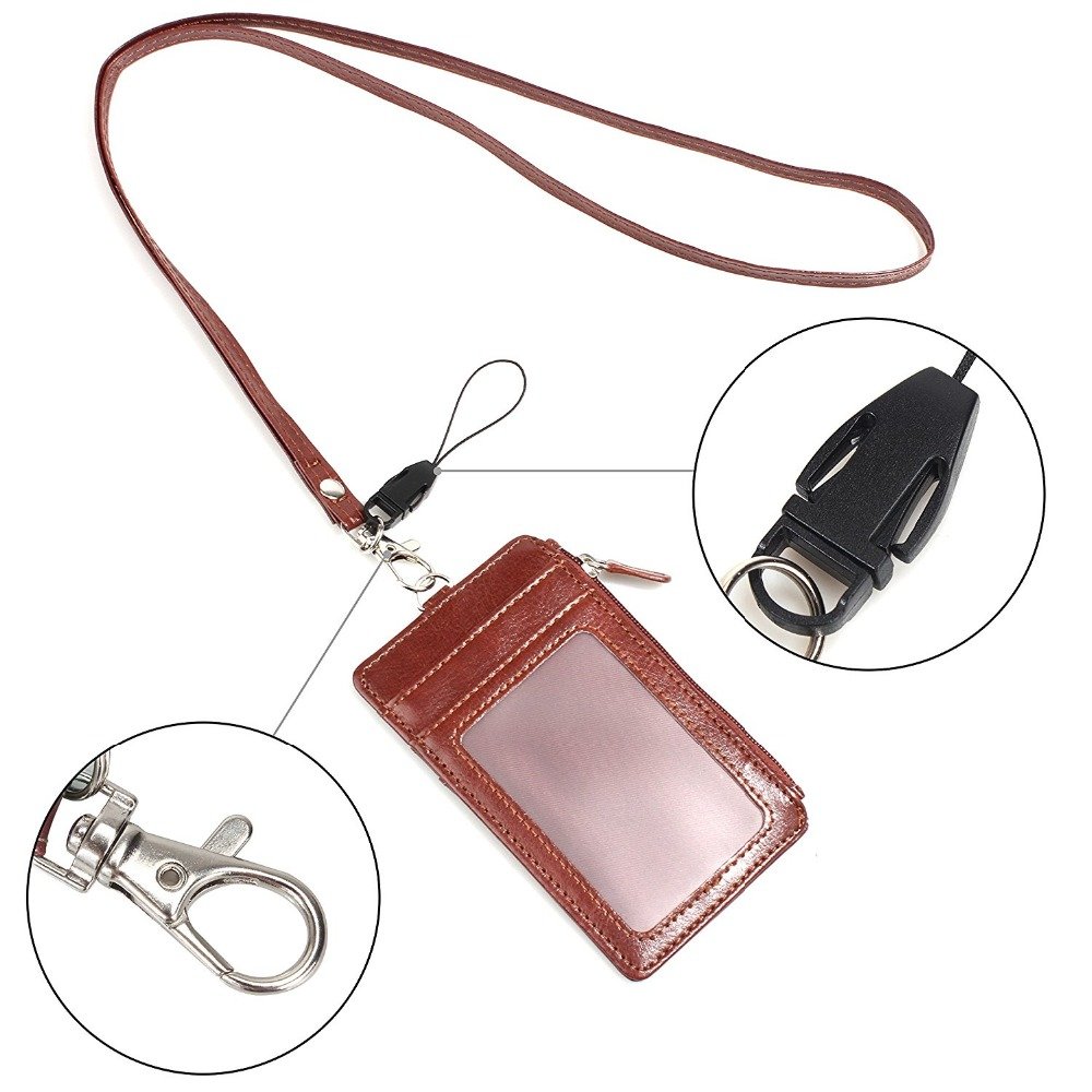 Multi-function Leather ID Badge Holder with Window ,Card Slots,Zipper Pocket Brown Neck Lanyard with logo