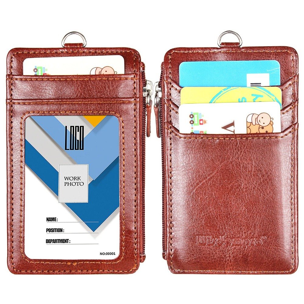 Multi-function Leather ID Badge Holder with Window ,Card Slots,Zipper Pocket Brown Neck Lanyard with logo