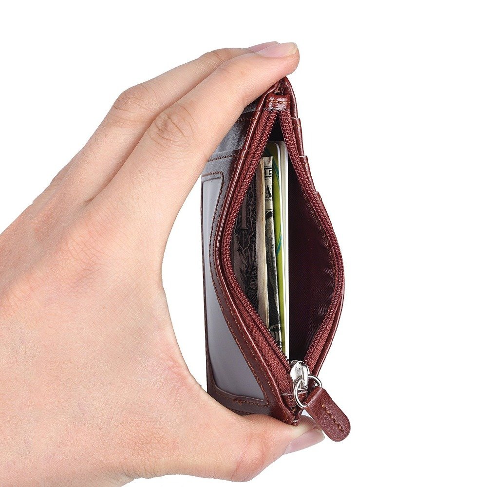 Multi-function Leather ID Badge Holder with Window ,Card Slots,Zipper Pocket Brown Neck Lanyard with logo