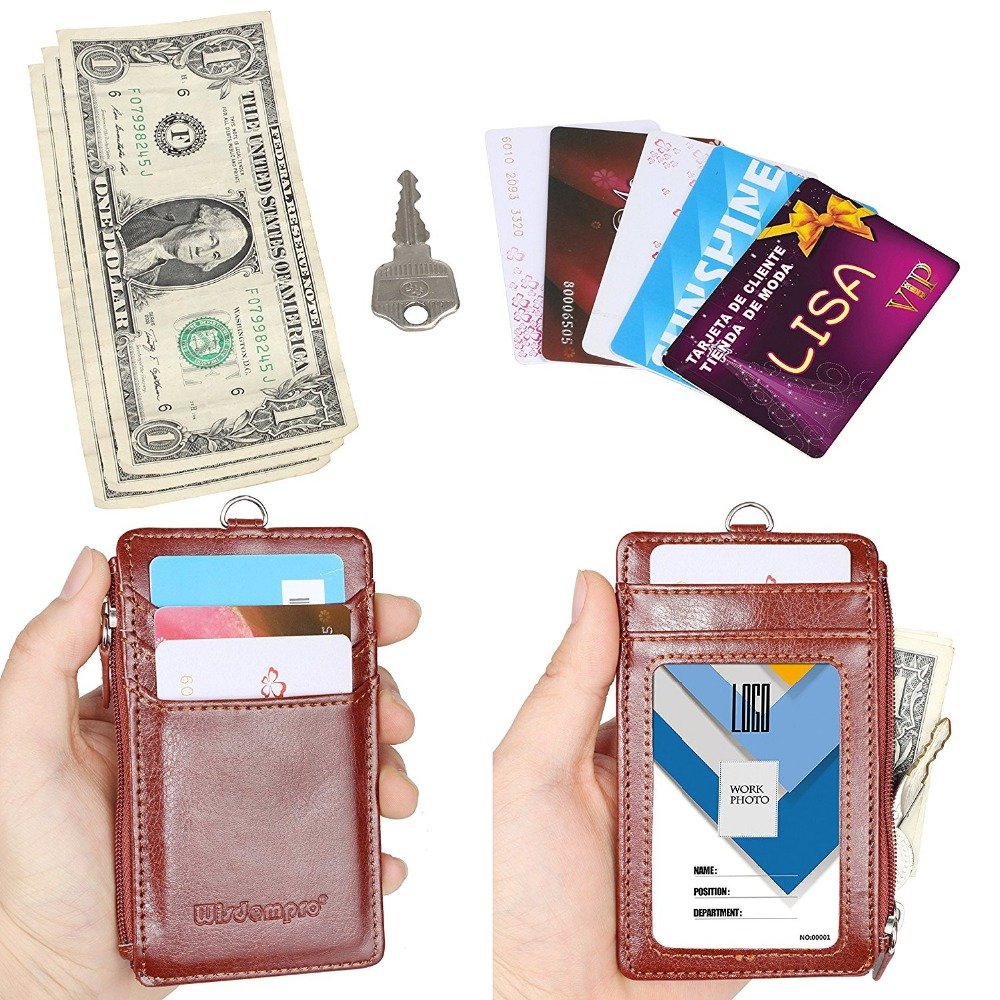 Multi-function Leather ID Badge Holder with Window ,Card Slots,Zipper Pocket Brown Neck Lanyard with logo