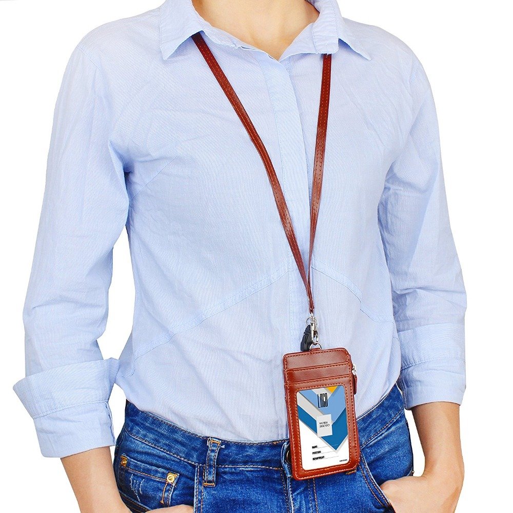Multi-function Leather ID Badge Holder with Window ,Card Slots,Zipper Pocket Brown Neck Lanyard with logo