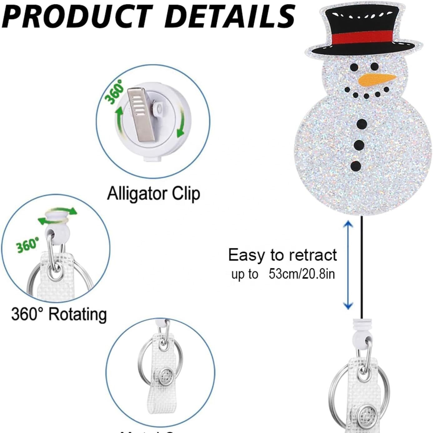 Wholesale Custom Glitter Christmas Acrylic Retractable Badge Reel Holder Christmas Snowman Elk Tree Badge Reel With Clip