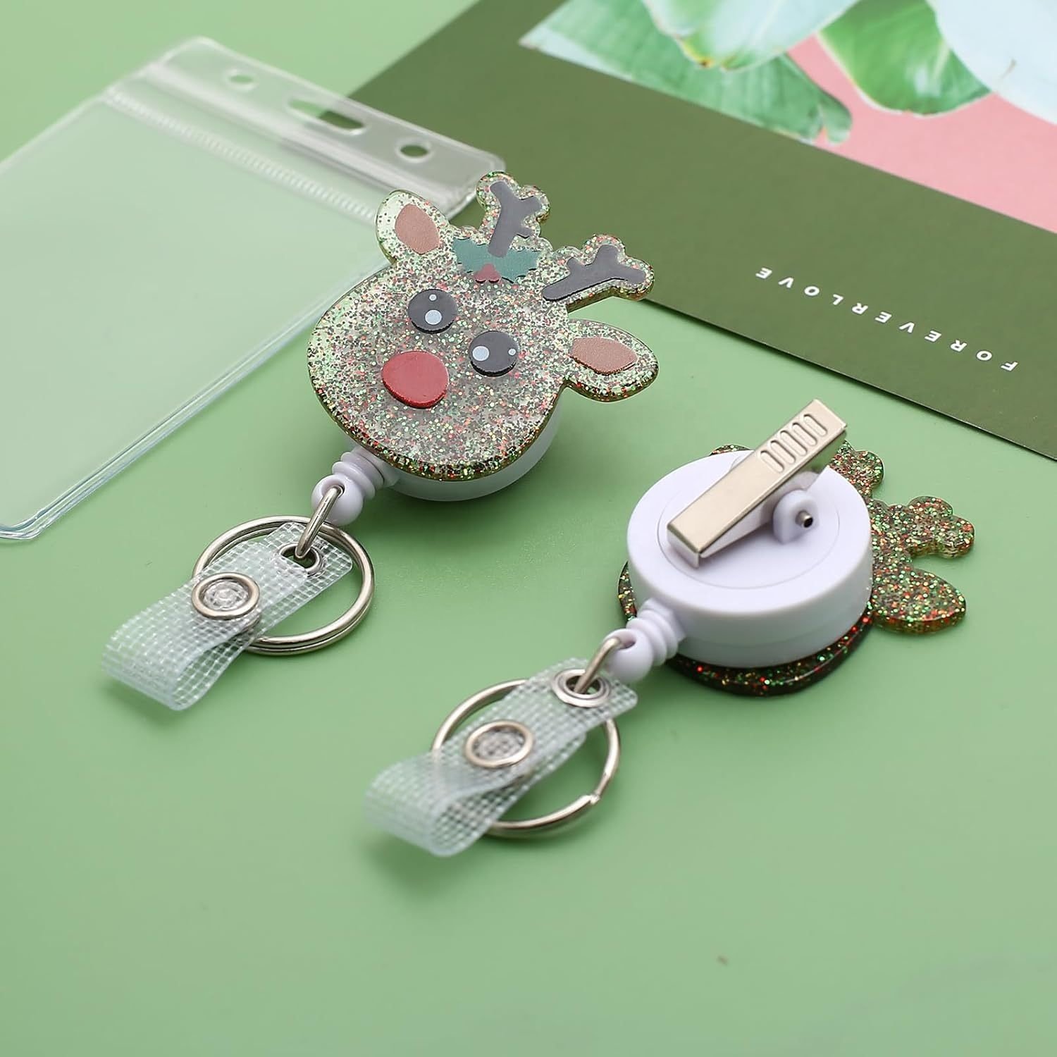Wholesale Custom Glitter Christmas Acrylic Retractable Badge Reel Holder Christmas Snowman Elk Tree Badge Reel With Clip