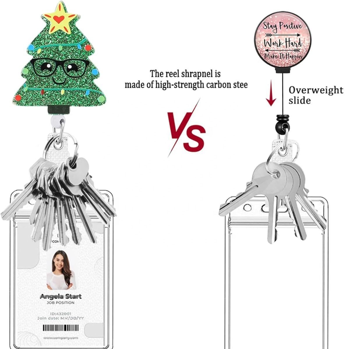 Wholesale Custom Glitter Christmas Acrylic Retractable Badge Reel Holder Christmas Snowman Elk Tree Badge Reel With Clip