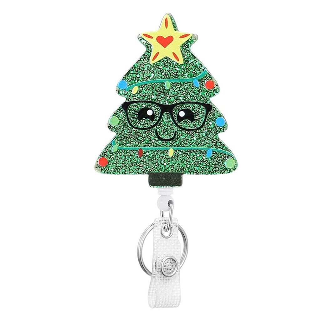 Wholesale Custom Glitter Christmas Acrylic Retractable Badge Reel Holder Christmas Snowman Elk Tree Badge Reel With Clip