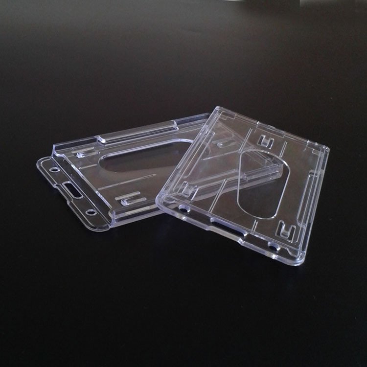 Customized Good quality PS plastics Transparent Vertical Hard Plastic ID Name Card Holder Double Card Multi with Thumb Slot