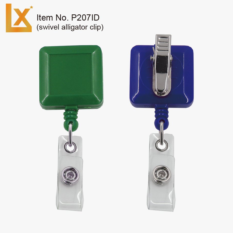 Square retractable badge ID card holder reels with ID strap, swivel alligator clip 32 mm size, recess 20 mm