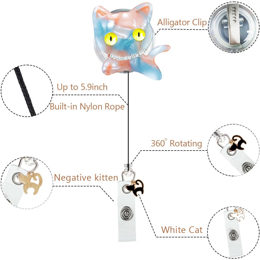 Cute Acrylic Retractable Nurse Badge Reel Animals Cat Id Card Holder Retractable Badge Reels