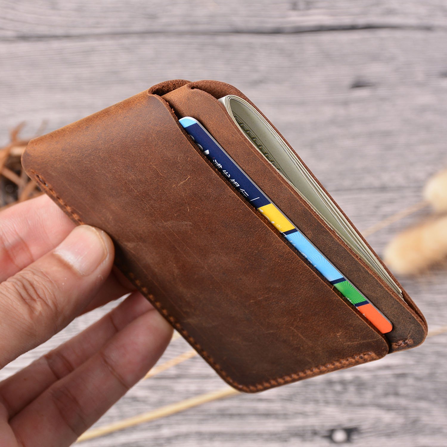 Customized Handmade Cowhide Leather Crazy Horse Short Wallet Rfid Blocking Gift Leather Coin Purse Card Holder