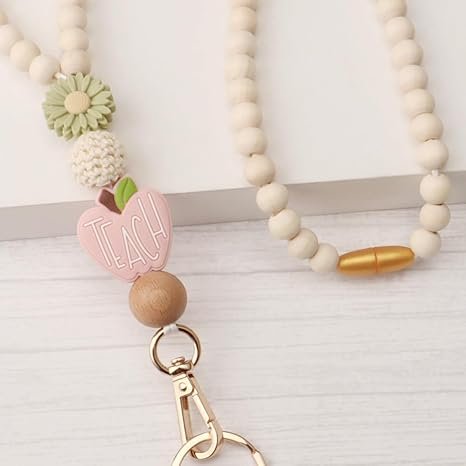 Stylish Teacher's Lanyard with ID Badge Holder Wood Beaded Boho Design for Women's Keys