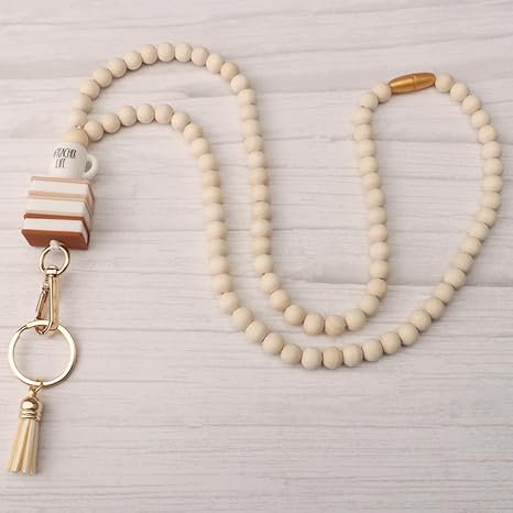 Stylish Teacher's Lanyard with ID Badge Holder Wood Beaded Boho Design for Women's Keys