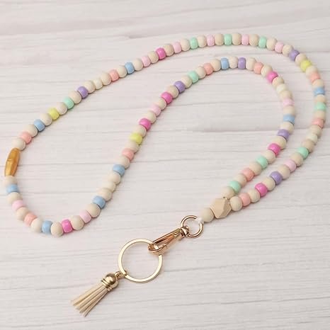 Stylish Teacher's Lanyard with ID Badge Holder Wood Beaded Boho Design for Women's Keys