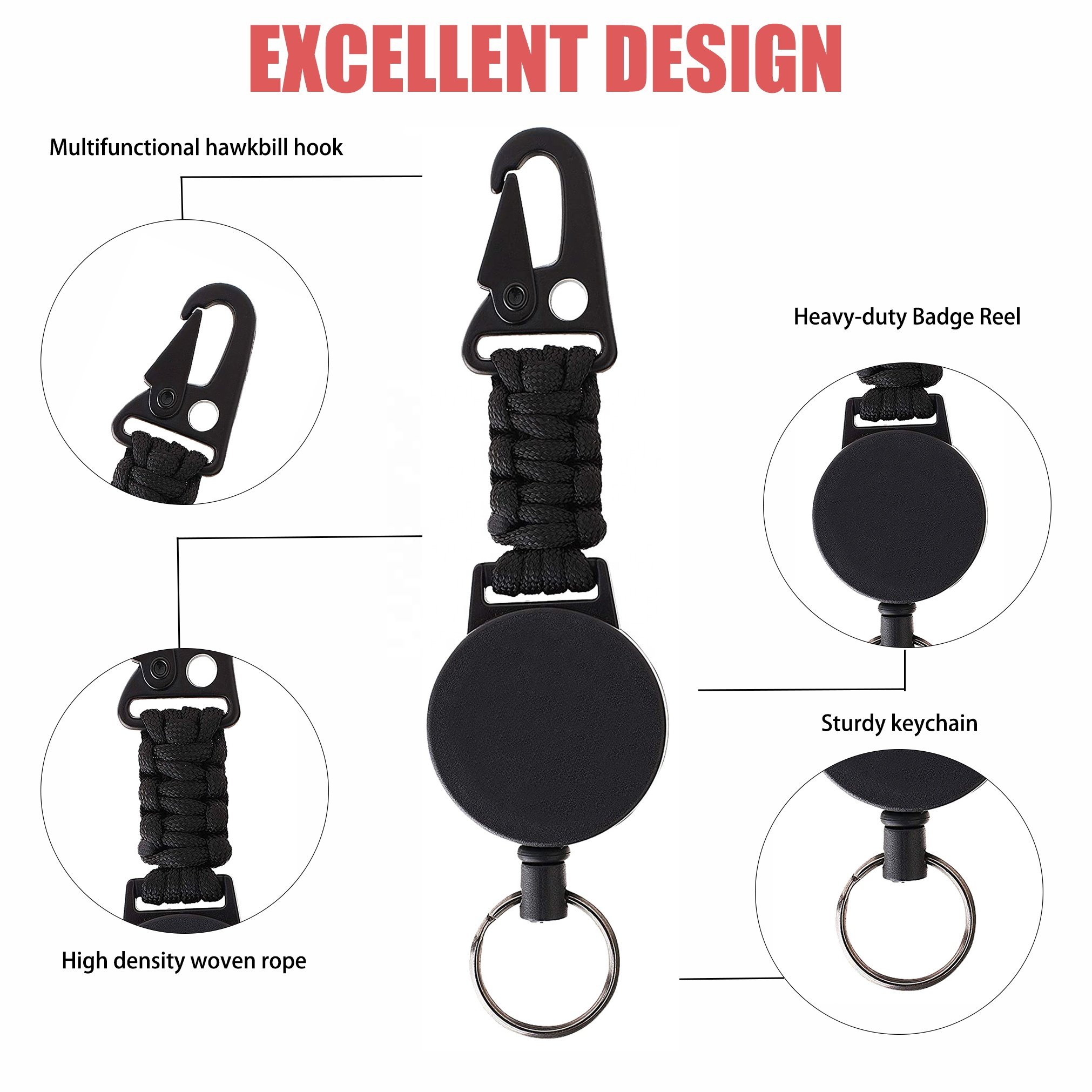 P-038 4CM Outdoor Heavy Duty black Retractable Badge Holder Tactical with Braided Rope Eagle Beak Hook Keychain