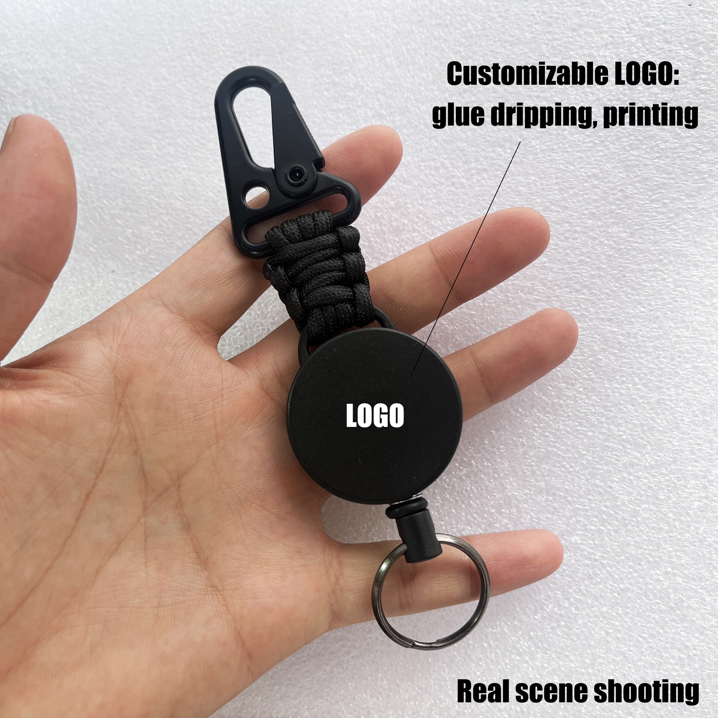 P-038 4CM Outdoor Heavy Duty black Retractable Badge Holder Tactical with Braided Rope Eagle Beak Hook Keychain