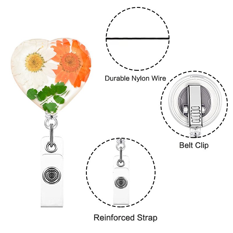 Badge Reel Retractable Flower resin Badge Holder Nursing Name ID Badge Reel Accessories with 360 Degree Swivel Alligator clip